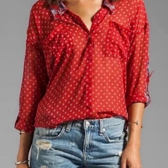 Free People FP Easy Rider Anthropologie Red Paisley Bandana Sheer Blouse Top - Picture 1 of 12